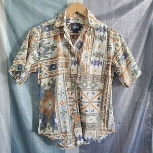Woolrich S Aztec Vtg 90s Southwestern Cotton Short Sleeve‎ Button Down Shirt